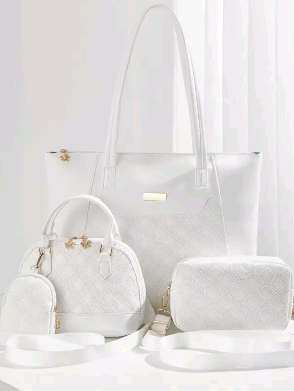 White Quilted 4-Piece Women's Handbag Set